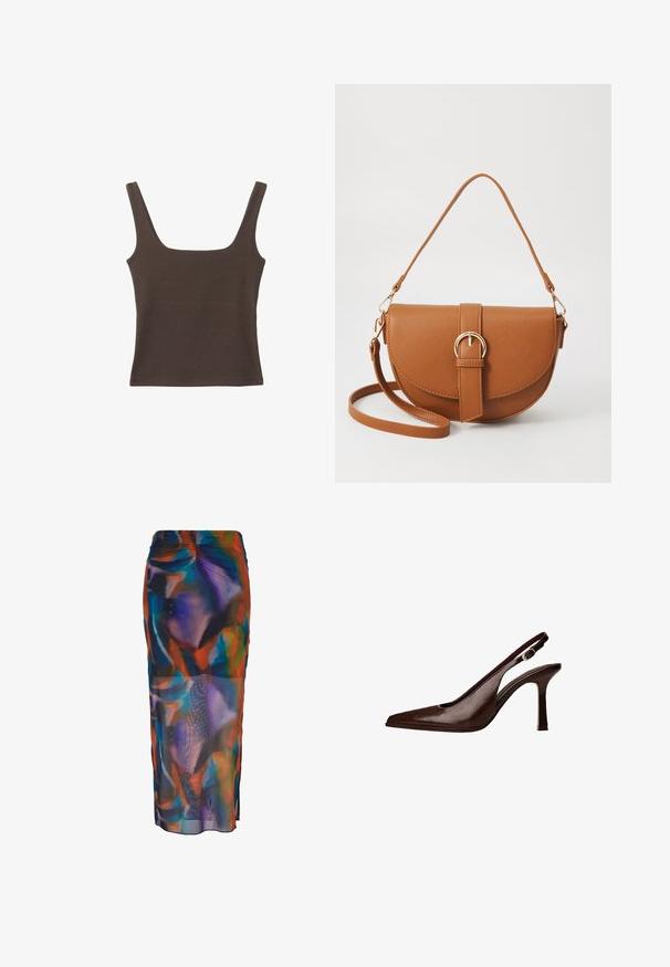 Smešani smeđi top bez rukava sa kvadratnim izrezom, izrađen od mekanog, rastezljivog materijala. Ima kroj koji se uklapa i ravne šavne.; Suknja od više boja s prozirnom, lepršavom tkaninom i apstraktnim uzorcima u plavoj, narančastoj i ljubičastoj boji. Elastičan pojas s bočnim prorezima.; Smešani kožni slingback cipele s uskim nosom i tankom petom. Ima malu dekorativnu kopču na remenu i sjajnu završnicu.; Smeđa kožna torba preko tijela s zakrivljenim oblikom, zlatnim metalnim detaljima i naglaskom na kopču. Ima odvojivu naramenicu.