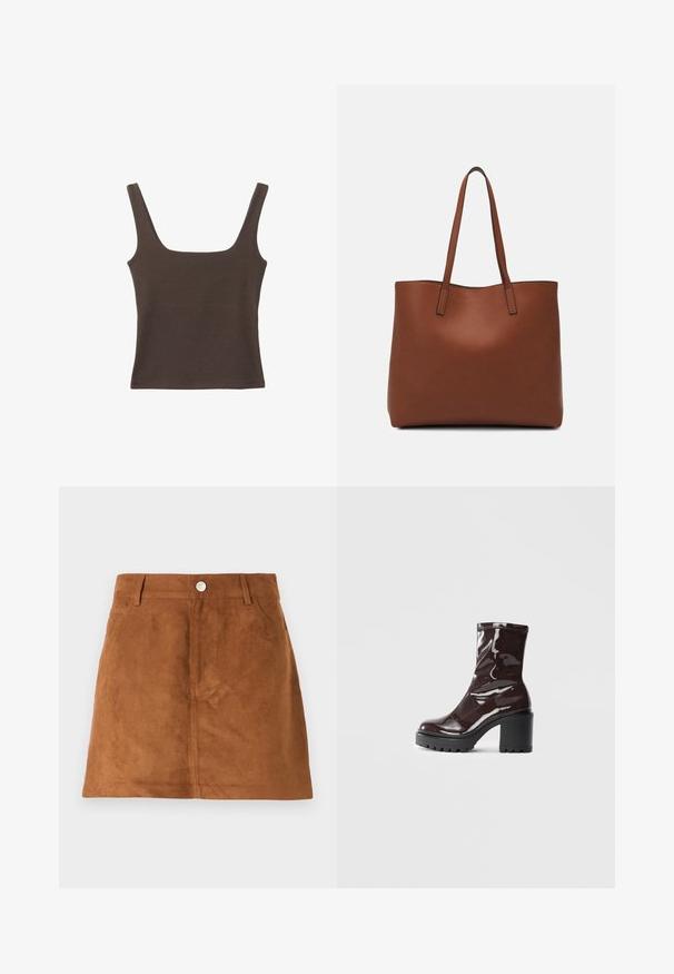 Rjava brezrokavna majica s kvadratnim izrezom, narejena iz mehkega, elastičnega materiala. Ima oprijet kroj in ravne šive.; Suede rjav mini krilo z gladko teksturo, ki ima zapiranje na gumb in zanke za pas. Preprost dizajn brez dodatnih vzorcev ali akcentov.; Sijajan škrlatank z bleščečim videzom, z masivnim črnim peto, ki se ponaša z gladko teksturo in preprostim dizajnom. Brez vidnih zapenjal ali vzorcev.; Rjava usnjena torba z gladko teksturo, odprto zasnovo zgoraj in dvema naramnima trakovoma. Opremljena je z minimalnim šivanjem in brez vidnih kovinskih delov.