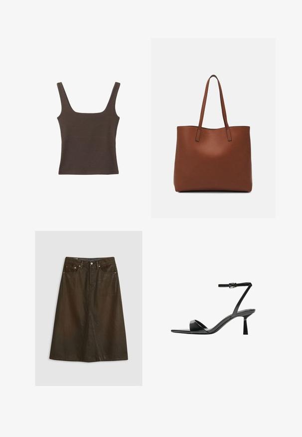 Smešani smeđi top bez rukava sa kvadratnim izrezom, izrađen od mekanog, rastezljivog materijala. Ima kroj koji se uklapa i ravne šavne.; Smeđa, traper suknja do koljena s prednjim prorezom, dizajnom sa pet džepova, metalnom opremom i suptilnom teksturom.; Bershka Sandale s visokom petom - black; Smeđa kožna torba preko ramena s glatkom teksturom, otvorenim vrhom i dvjema naramenicama. Ima minimalne šavove i nema vidljivog hardvera.