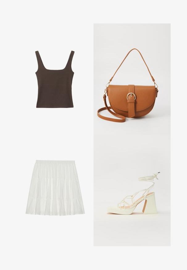 Brun ärmlös topp med fyrkantig halsringning, tillverkad av mjukt, elastiskt tyg. Har en figurnära design och plana sömmar.; Vit, lager-på-lager kjol med texturerad yta. Har en elastisk midja och lager med volanger, vilket skapar en flödande silhuett.; Vit högklackad sandal med en kraftig klack, med ett remdesign och ankelband. Slät textur med en plattform framtill för ökad höjd.; Brun läder crossbody-väska med en böjd form, gyllene detaljer och en spänneaccent. Har en avtagbar axelrem.