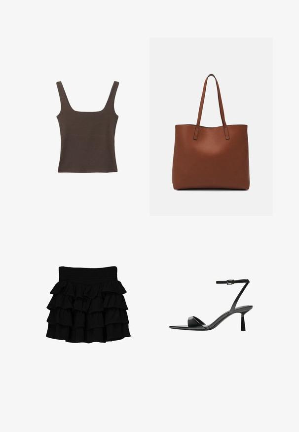 Rjava brezrokavna majica s kvadratnim izrezom, narejena iz mehkega, elastičnega materiala. Ima oprijet kroj in ravne šive.; Črna nagubana krila z elastičnim pasom, izdelana iz mehke tkanine z večplastnimi, padajočimi nagubami za dodaten teksturiran učinek.; Bershka Sandali z visoko peto - black; Rjava usnjena torba z gladko teksturo, odprto zasnovo zgoraj in dvema naramnima trakovoma. Opremljena je z minimalnim šivanjem in brez vidnih kovinskih delov.