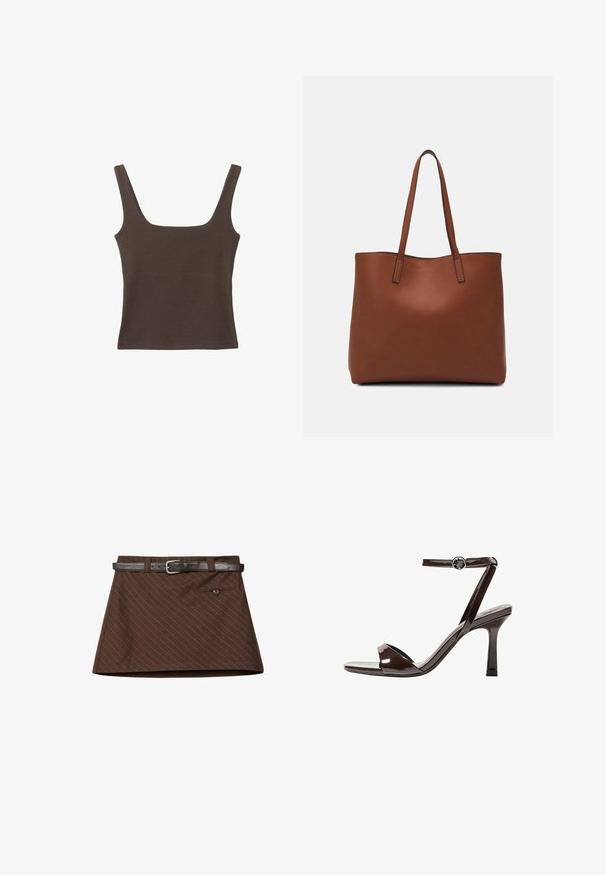 Rjava brezrokavna majica s kvadratnim izrezom, narejena iz mehkega, elastičnega materiala. Ima oprijet kroj in ravne šive.; Rjava krila z rahlim vzorcem pinstripes, ki ima rjavo usnjeno pasu, en sam sprednji žep in strukturirano A-linijsko obliko.; Rjave visokosprti sandali iz pateniranega usnja z zaponko okoli gležnja, odprto konico in eleganten, minimalističen dizajn. Imajo kvadratno peto.; Rjava usnjena torba z gladko teksturo, odprto zasnovo zgoraj in dvema naramnima trakovoma. Opremljena je z minimalnim šivanjem in brez vidnih kovinskih delov.