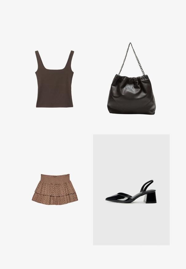 Hnedý bezrúškový top so štvorcovým výstrihom, vyrobený z mäkkého, elastického materiálu. Má priliehavý strih a ploché švy.; Hnedá tiered sukňa vyrobená z jemného materiálu. Má elastický pás a vyšívané vzory s geometrickým dizajnom.; Čierne lakované kožené sandálové podpätky s špicatou špičkou a geometrickým blokovým podpätkom. Disponujú elegantným, minimalistickým dizajnom a hladkým povrchom.; Hnedá kožená taška so zberaným vrchom a reťazovým popruhom. Hladký povrch s lesklým finišom a jemným švom po stranách.