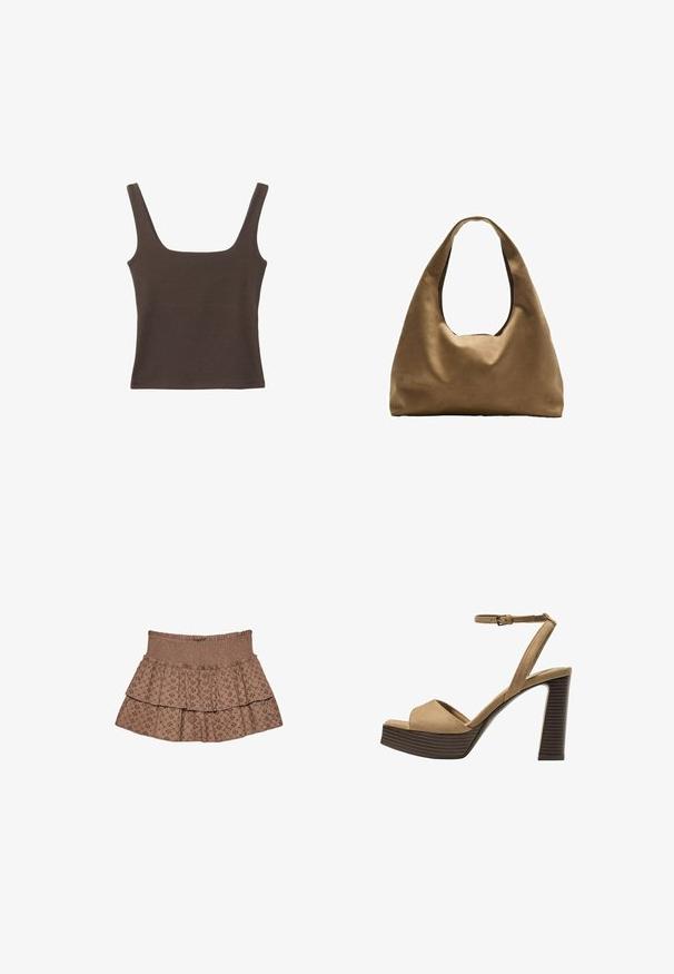 Top senza maniche marrone con scollo quadrato, realizzato in tessuto morbido ed elastico. Presenta un design aderente e cuciture piatte.; Gonna tiered marrone realizzata in tessuto morbido. Presenta una vita elastica e motivi ricamati con un design geometrico.; Sandali con tacco alto in suede beige, con una larga fascetta anteriore e una fascetta alla caviglia, dotati di un tacco blocco in legno spesso con una finitura testurizzata.; Borsa a spalla in tessuto marrone con un corpo ampio e arrotondato e una grande maniglia a taglio. Texture morbida, design minimalista e senza hardware visibile.