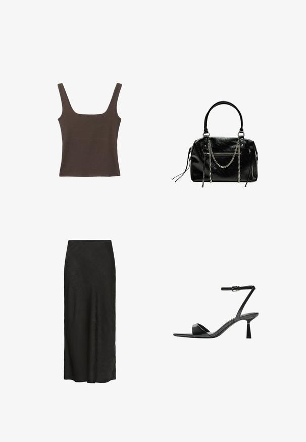 Top senza maniche marrone con scollo quadrato, realizzato in tessuto morbido ed elastico. Presenta un design aderente e cuciture piatte.; Gonna nera lunga fino al pavimento realizzata in tessuto texture. Presenta una vita liscia, un leggero drappeggio e un design minimale senza dettagli aggiuntivi.; Bershka Sandali con tacco - black; Bershka WITH CHAIN - Borsa a mano - black