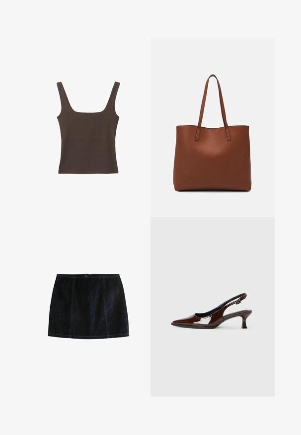 Hnědý bezramínkový top se čtvercovým výstřihem vyrobený z měkké, elastické tkaniny. Má přiléhavý design a ploché švy.; Tmavě modrá džínová minisukně, vyznačující se kontrastním žlutým prošíváním, těsným střihem a zapínáním na zip. Klasický design s pěti kapsami.; Hnědé lakované kožené slingback boty s špičatou špičkou a mírným podpatkem. Disponují přezkou pro bezpečné upevnění. Hladký povrch.; Hnědá kožená taška přes rameno s hladkou texturou, otevřeným designem a dvěma ramenními popruhy. Obsahuje minimální švy a žádné viditelné kovové prvky.