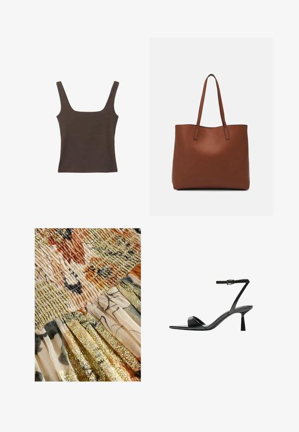 Brown sleeveless top with a square neckline, made from soft, stretchy fabric. Features a fitted design and flat seams.; Next REGULAR FIT - DROP WAIST - Maxi skirt - cream sparkle; Bershka High heeled sandals - black; Brown leather tote bag with a smooth texture, open top design, and two shoulder straps. Features minimal stitching and no visible hardware.