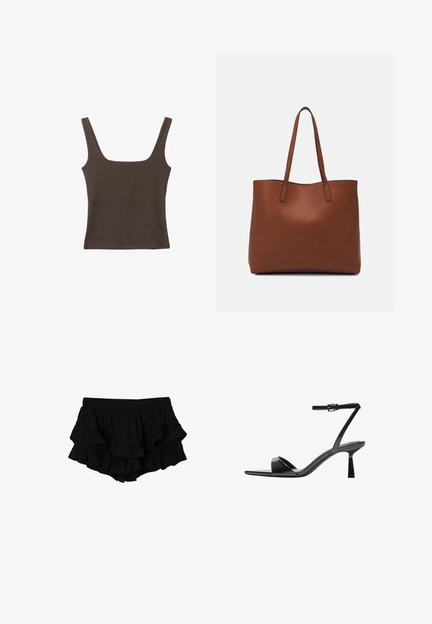 Brązowa bezrękawnikowa bluzka o kwadratowym dekolcie, wykonana z miękkiego, elastycznego materiału. Posiada dopasowany krój i płaskie szwy.; Czarne szorty z falbanami, z elastycznym pasem, z trzema warstwami falbanek oraz subtelną teksturowaną tkaniną, tworzącą warstwową sylwetkę.; Bershka - Sandały na obcasie; Brązowa skórzana torba tote o gładkiej fakturze, z otwartym wierzchem i dwoma ramiączkami. Charakteryzuje się minimalnym przeszyciem i brakiem widocznych elementów metalowych.