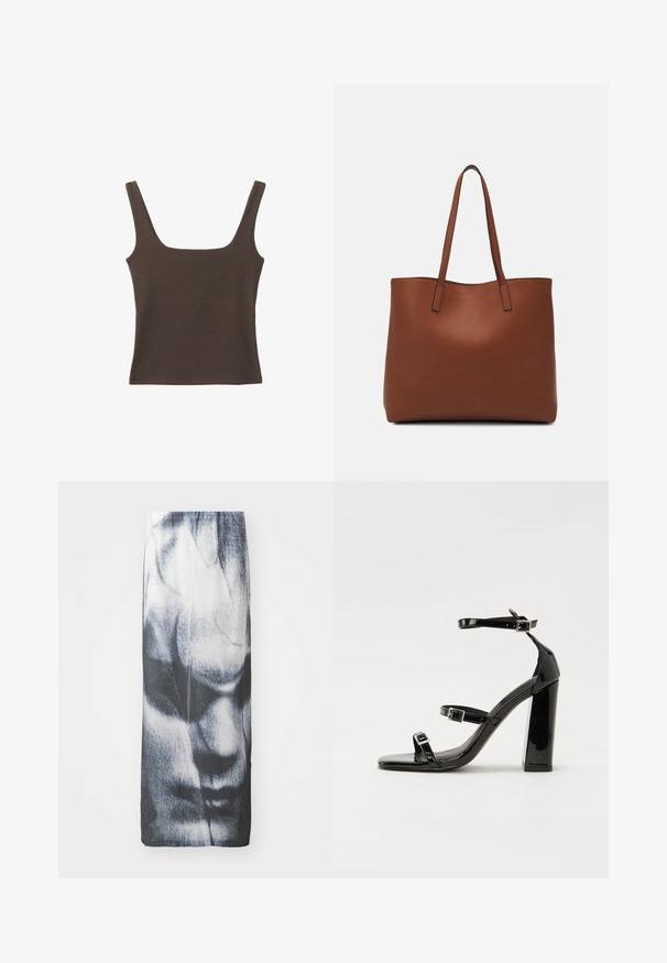 Hnedý bezrúškový top so štvorcovým výstrihom, vyrobený z mäkkého, elastického materiálu. Má priliehavý strih a ploché švy.; Čierno-biela dlhá sukňa s grafickým potlačou tváre, s hladkou textúrou a priliehavým strihom.; Čierne lakované sandále na podpätku so štvorcovou špičkou, navlečenými remienkami okolo členku a striebornými prackami. Disponujú masívnym blokovým podpätkom pre stabilitu.; Hnedá kožená taška na rameno s hladkou textúrou, otvoreným vrchom a dvoma ramenými popruhmi. Má minimálne šitia a žiadne viditeľné kovania.