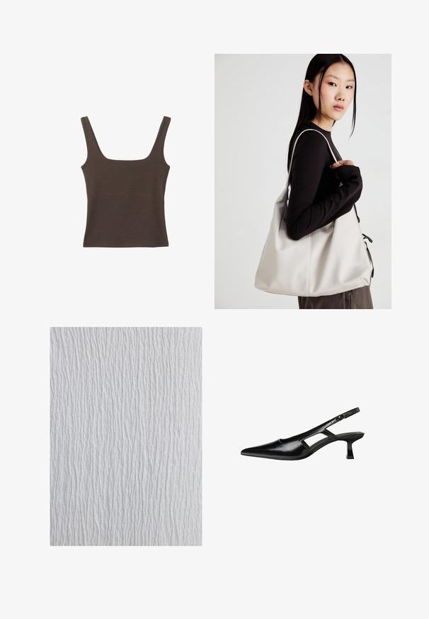 Brun ærmeløs top med firkantet udskæring, lavet af blød, strækbar stof. Har et tætsiddende design og flade sømme.; Hvid tekstureret stof med et bølget mønster, der har lodrette linjer af varierende tykkelse, hvilket skaber et bølget udseende gennem hele stoffet.; Sorte patentlæder slingback hæle med spids tå, udskåret sideskærm og en lille firkantet hæl. Glat tekstur med minimale detaljer.; Beige håndtaske lavet af blødt materiale med et slouchy design, stikninger og to skulderremme. Velegnet til daglig brug.