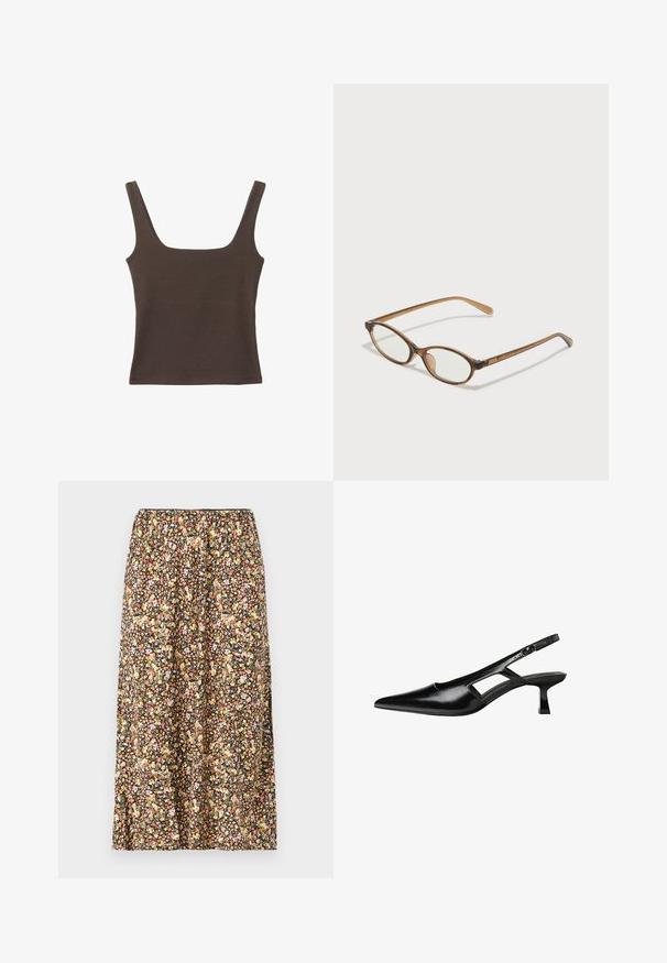 Smešani smeđi top bez rukava sa kvadratnim izrezom, izrađen od mekanog, rastezljivog materijala. Ima kroj koji se uklapa i ravne šavne.; Suknja s cvjetnim uzorkom na crnoj pozadini, s raznolikim malim cvjetovima u ružičastoj, žutoj i bijeloj boji. Elastična linija struka i dužina do koljena.; Crne lakirane natikače na remenčić sa špicastim nosom, dizajnom sa izrezima sa strane i malim kvadratnim potplatom. Glatka tekstura s minimalnim akcentima.; Smeđe skupe naočale s ovalnim lećama, tankim drškama i prozirnim akcentima. Ima suptilan logo na sljepoočnici. Elegantan, lagan dizajn.