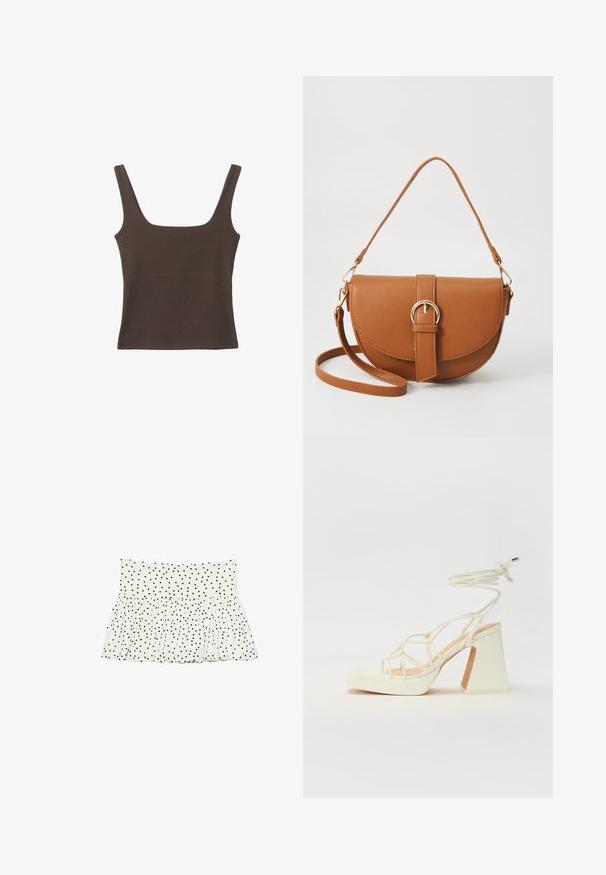 Smešani smeđi top bez rukava sa kvadratnim izrezom, izrađen od mekanog, rastezljivog materijala. Ima kroj koji se uklapa i ravne šavne.; Bijela suknja od tkanine s nabranošću, s crnim točkicama po cijeloj površini. Elastičan pojas s lepršavim rubom.; Bijela sandala na visokoj potpetici s debelim petom, s remenom i vezanjem oko gležnja. Glatka tekstura s platformom sprijeda za dodatnu visinu.; Smeđa kožna torba preko tijela s zakrivljenim oblikom, zlatnim metalnim detaljima i naglaskom na kopču. Ima odvojivu naramenicu.