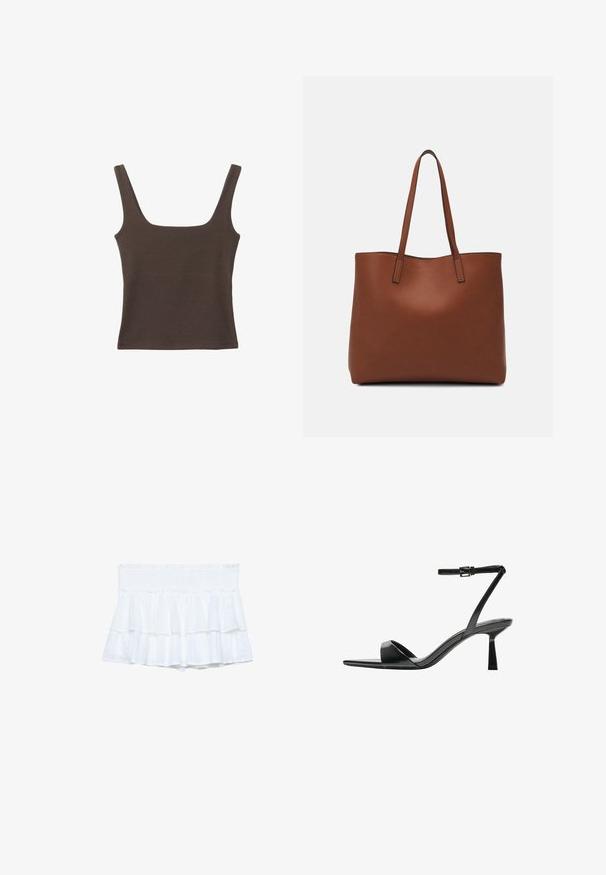 Bruine tanktop zonder mouwen met een vierkante halslijn, gemaakt van zachte, rekbare stof. Heeft een aansluitend ontwerp en platte naden.; Witte gerimpelde shorts met een elastische tailleband, voorzien van gelaagd stof en subtiele textuurdetails. Lichtgewicht en casual ontwerp.; Bershka Sandalen met hoge hak - black; Bruine leren tote bag met een gladde textuur, een ontwerp met een open bovenkant en twee schouderbanden. Kenmerkt zich door minimale stiksels en geen zichtbare hardware.