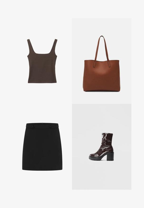 Braunes ärmelloses Oberteil mit quadratischem Ausschnitt, aus weichem, dehnbarem Stoff gefertigt. Verfügt über ein figurbetontes Design und flache Nähte.; Schwarzer Minirock aus glattem Stoff, der ein einfaches Design mit flachem Bund und zwei dekorativen Knopfakzenten an der Vorderseite aufweist.; Glatte bordeauxrote Ankle Boots mit einem klobigen schwarzen Absatz, die eine glatte Oberfläche und ein einfaches Design aufweisen. Keine sichtbaren Verschlüsse oder Muster.; Braune Leder-Tote mit glatter Textur, offenem Oberteil und zwei Schulterriemen. Verfügt über minimale Nähte und keine sichtbaren Beschläge.
