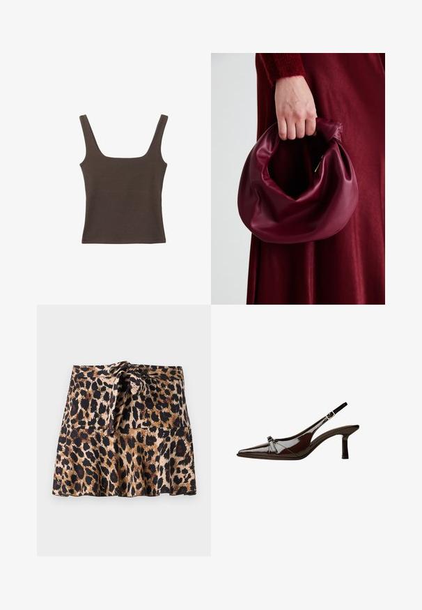 Smešani smeđi top bez rukava sa kvadratnim izrezom, izrađen od mekanog, rastezljivog materijala. Ima kroj koji se uklapa i ravne šavne.; Mini suknja s uzorkom leoparda izrađena od mekog materijala, sa lepršavim dizajnom, vezanim pojasom i kontrastnim crnim i smeškastim mrljama na bež pozadini.; Smeđe lakirane slingback cipele s upPointom, niskom petom i dekorativnom mašnom sprijeda. Glatka, sjajna tekstura.; Bordo kožni ruksač s mekim, naboranim dizajnom i zaobljenim oblikom. Ručka je sigurno pričvršćena, pokazujući glatku teksturu.