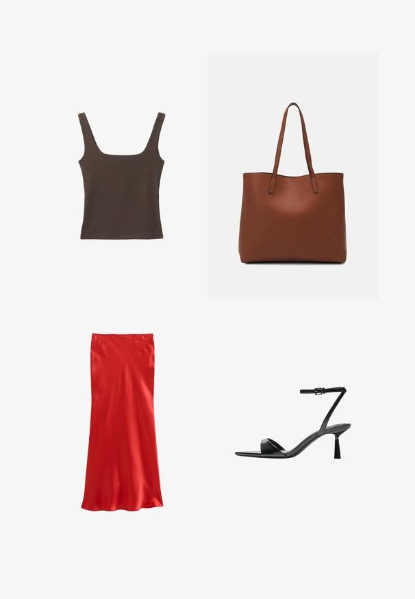 Haut sans manches marron avec un décolleté carré, fabriqué à partir d'un tissu doux et extensible. Présente un design ajusté et des coutures plates.; Jupe en satin rouge, avec une silhouette droite, une texture lisse et un éclat subtil. Design simple sans motifs ni embellissements visibles.; Bershka Sandales à talons hauts - black; Sac fourre-tout en cuir marron avec une texture lisse, design à ouverture supérieure et deux poignées pour le porter à l'épaule. Présente des coutures minimales et aucun matériel visible.