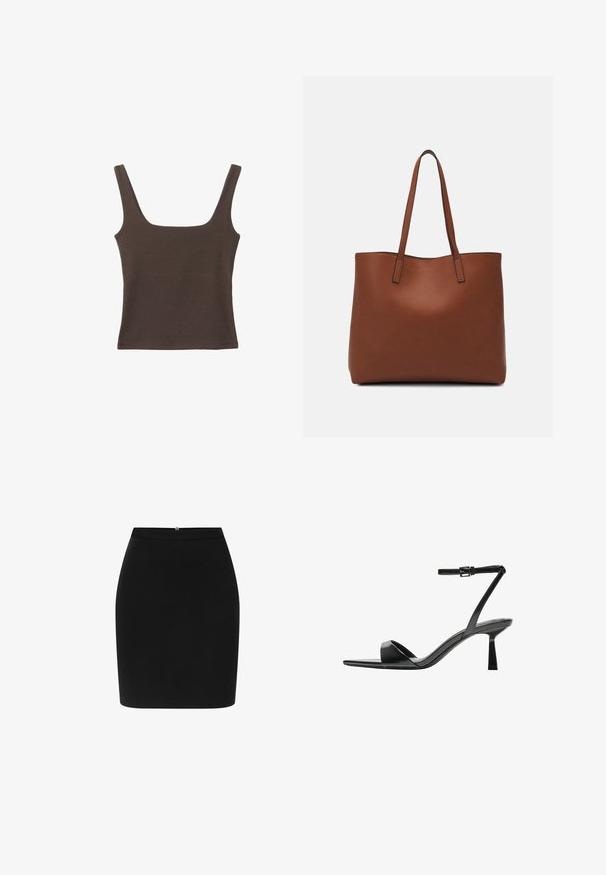 Brązowa bezrękawnikowa bluzka o kwadratowym dekolcie, wykonana z miękkiego, elastycznego materiału. Posiada dopasowany krój i płaskie szwy.; Czarna spódnica o ołówkowym kroju, dopasowana, z teksturowanej tkaniny i subtelnym zapięciem z tyłu. Gładkie wykończenie bez widocznych wzorów lub ozdób.; Bershka - Sandały na obcasie; Brązowa skórzana torba tote o gładkiej fakturze, z otwartym wierzchem i dwoma ramiączkami. Charakteryzuje się minimalnym przeszyciem i brakiem widocznych elementów metalowych.