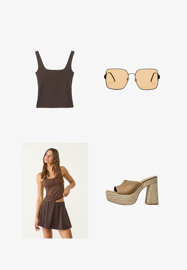 Brun ärmlös topp med fyrkantig halsringning, tillverkad av mjukt, elastiskt tyg. Har en figurnära design och plana sömmar.; Brun linne och matchande utsvängd kjol, tillverkad av mjukt, lätt tyg. Toppen har tunna axelband och en åtsittande siluett.; Bruna mockaskinnsplattformar med öppen tå, med en kraftig flätad jute-klack och en slät, rundad ovandel.; Fyrkantiga solglasögon med bruna linser och en tunn svart metallram. Har vinklade skalmar och justerbara näsdelar för ökad komfort.