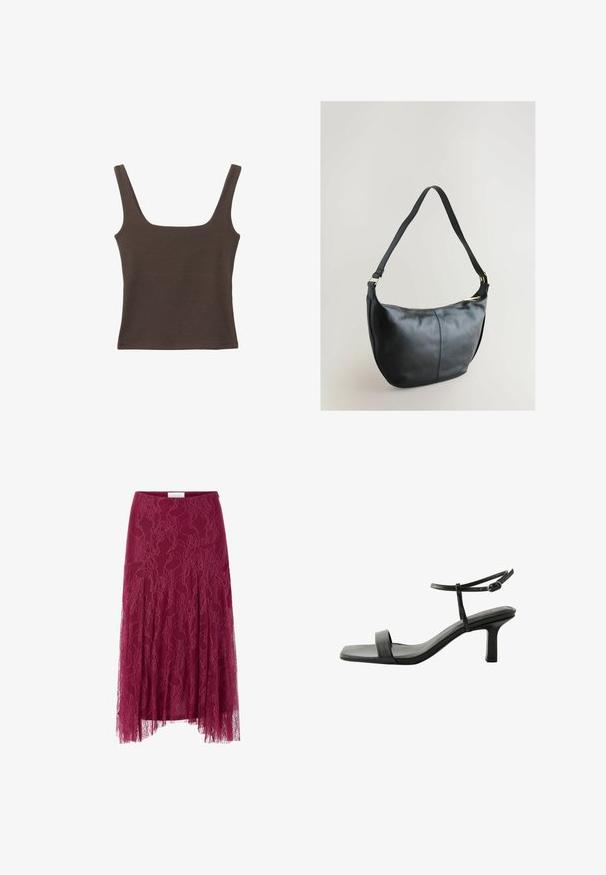 Ruskea hihaton toppi, jossa on neliönmuotoinen kaula-aukko, valmistettu pehmeästä ja joustavasta kankaasta. Ominaisuuksiin kuuluu istuva muotoilu ja sileät saumat.; Burgundin pitsikkä hame, jossa on kukkakuvio, läpinäkyvä kangaspäällinen ja poimutettu muotoilu. Hameessa on istuva vyötärö sekä halkiovaa siluettia.; Next FOREVER COMFORT SIMPLE REGULAR FIT - Sandaalit nilkkaremmillä - black; Musta nahkainen olkalaukku, jossa on sileä pinta, hieman kaareva muoto ja kultainen vetoketju. Varustettu leveällä hihnalla helppoa kantamista varten.