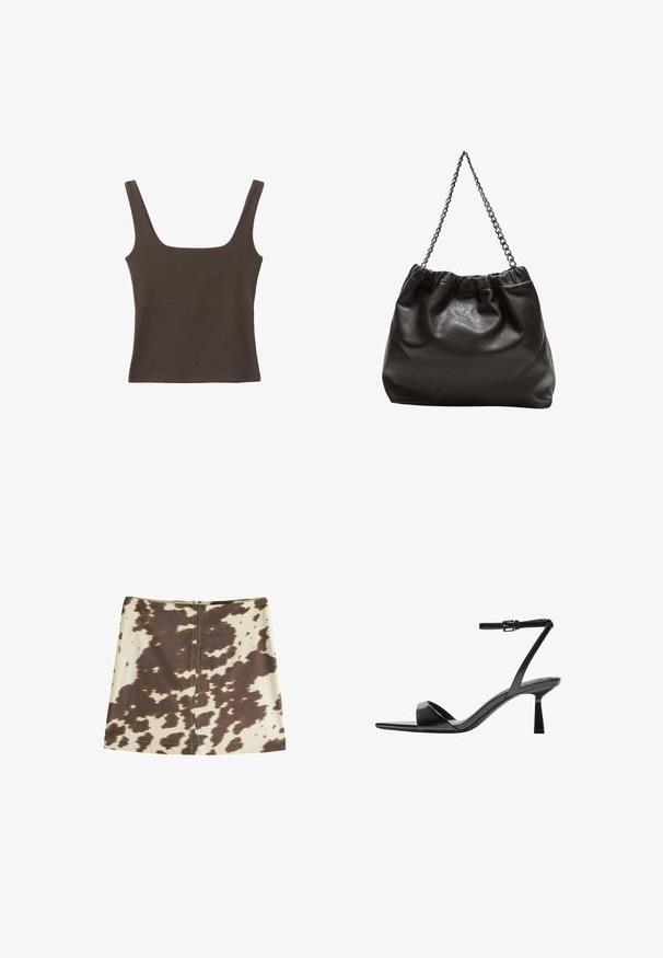 Haut sans manches marron avec un décolleté carré, fabriqué à partir d'un tissu doux et extensible. Présente un design ajusté et des coutures plates.; Mini-jupe en imprimé vachette beige et marron. Dotée d'une fermeture éclair dissimulée au dos, d'une texture de tissu lisse et d'une coupe droite en A.; Bershka Sandales à talons hauts - black; Sac en cuir marron avec un haut froncé et une bandoulière en chaîne. Texture lisse avec une finition brillante et des coutures subtiles sur les côtés.