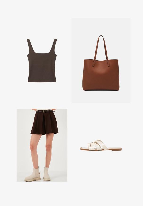 Top senza maniche marrone con scollo quadrato, realizzato in tessuto morbido ed elastico. Presenta un design aderente e cuciture piatte.; Gonna plissè marrone con vita aderente e una cintura marrone a contrasto con fibbia dorata. Indossata con stivaletti beige alla caviglia.; Infradito con suola in gomma color talpa, progettate con tre cinturini in pelle bianca sovrapposti e un piccolo dettaglio a fiocco al centro.; Borsa tote in pelle marrone con texture liscia, design con apertura superiore e due spallacci. Presenta cuciture minime e nessun hardware visibile.