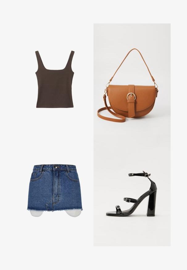 Smešani smeđi top bez rukava sa kvadratnim izrezom, izrađen od mekanog, rastezljivog materijala. Ima kroj koji se uklapa i ravne šavne.; Denim suknja, srednje plava boja, klasičan dizajn s pet džepova, izrezani rub, kontrastno šivanje, metalna kopča, unutarnja podstava vidljiva.; Crne lakirane sandale na pete sa kvadratnim nosom, trakama oko gležnja i srebrnim kopčama. Imaju čvrst blok petu za stabilnost.; Smeđa kožna torba preko tijela s zakrivljenim oblikom, zlatnim metalnim detaljima i naglaskom na kopču. Ima odvojivu naramenicu.