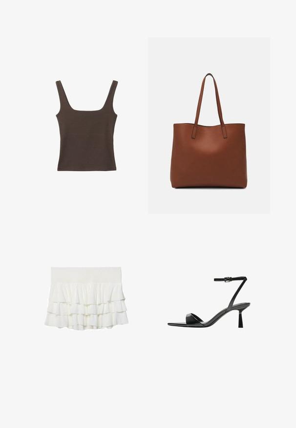Brun ärmlös topp med fyrkantig halsringning, tillverkad av mjukt, elastiskt tyg. Har en figurnära design och plana sömmar.; Vit lagerd rap-skirt med ett smockat midjeband, som har ett lätt, texturerat tyg och en utställd design.; Bershka Sandaletter - black; Brun läder tote-väska med en slät textur, öppen toppdesign och två axelremmar. Har minimal söm och ingen synlig metalldetalj.
