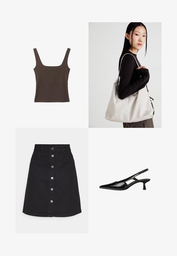 Bruine tanktop zonder mouwen met een vierkante halslijn, gemaakt van zachte, rekbare stof. Heeft een aansluitend ontwerp en platte naden.; Zwarte denim rok met een verticale knoopsluiting en vijf zakken. Heeft een rechte pasvorm en zoom, gemaakt van stevige katoen.; Zwarte gepatineerde leren slingback hakken met een puntige neus, uitsparing aan de zijkant en een kleine vierkante hak. Gladde textuur met minimale accenten.; Beige handtas gemaakt van zacht materiaal, met een slonzig ontwerp, gestikte details en twee schouderbanden. Geschikt voor dagelijks gebruik.