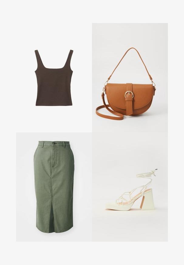 Rjava brezrokavna majica s kvadratnim izrezom, narejena iz mehkega, elastičnega materiala. Ima oprijet kroj in ravne šive.; Olivno zelena denim krilo s srednjo dolgim krojem, sprednjim razporkom, tradicionalnim pasom z gumbom in šivanim detajlom ob šivih.; Bela sandala na visokih petah s debelim petam, ki ima obliko trakcev in vezanje okoli gležnja. Gladka tekstura z platformo spredaj za dodatno višino.; Rjava usnjena torbica prek telesa s ukrivljeno obliko, zlate opreme in sponko. Ima odstranljiv naramni trak.