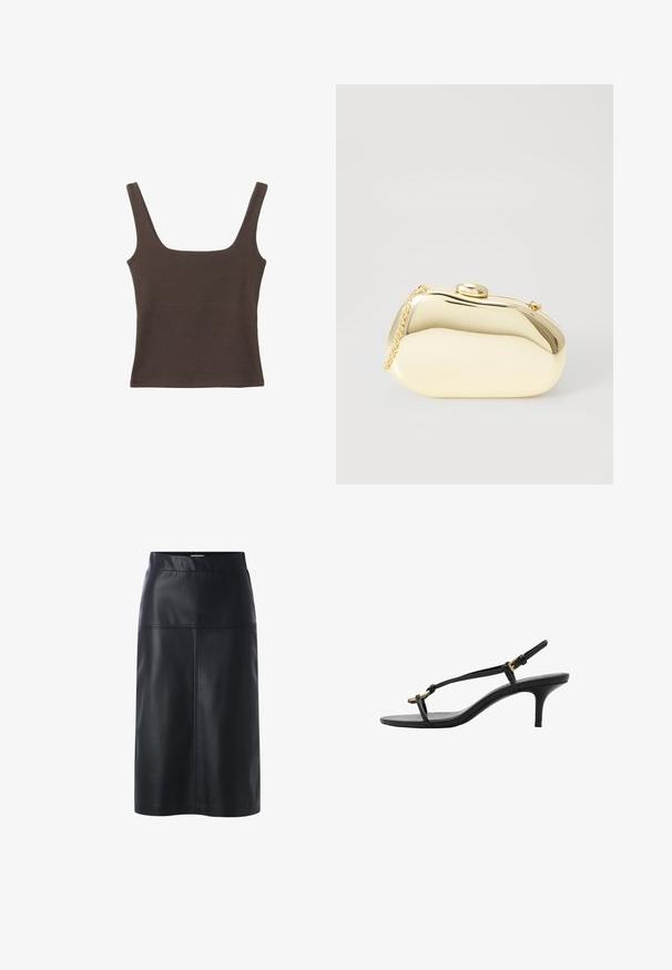 Hnedý bezrúškový top so štvorcovým výstrihom, vyrobený z mäkkého, elastického materiálu. Má priliehavý strih a ploché švy.; Čierna kožená sukňa s rovnou siluetou, s hladkým povrchom, pásom a detailným prešívaním na predných paneloch.; Čierne kožené sandále na malom podpätku s tenkými pásikmi, zlatou prackou a minimalistickým prstovým pásikom na bielom pozadí.; Kovová zlatá kabelka s hladkým, zaobleným tvarom, ktorá má horné zapínanie na gombík a malý reťazový popruh na nosenie.