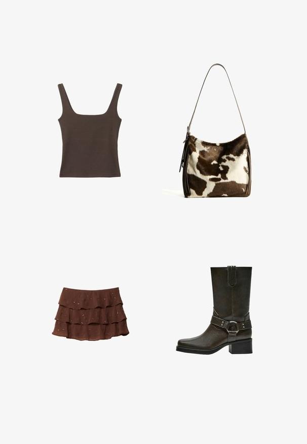 Braunes ärmelloses Oberteil mit quadratischem Ausschnitt, aus weichem, dehnbarem Stoff gefertigt. Verfügt über ein figurbetontes Design und flache Nähte.; Brauner, gestufter Rock mit drei Rüschen, aus leichtem Stoff mit floralem Muster und metallischen Akzenten. Traditionelles Taillenband-Design.; Braune Leder-Ankle-Boots mit quadratischer Zehenform, kurzem Blockabsatz und dekorativem Riemen mit silberner Schnalle. Glatte Textur, schlichtes Design.; Braune und cremefarbene Kuhhaut-Umhängetasche mit einem glatten Ledertrageriemen, Reißverschluss und einer weichen, strukturierten Oberfläche mit einem natürlichen Muster.