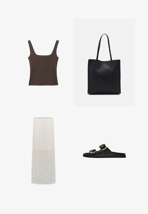 Haut sans manches marron avec un décolleté carré, fabriqué à partir d'un tissu doux et extensible. Présente un design ajusté et des coutures plates.; Abat-jour en dentelle blanc, de forme cylindrique avec un motif floral, texture transparente, et bord supérieur lisse. S'adapte à un support d'ampoule standard.; Sandale noire à glissière avec deux accents de boucle en or, en matériau lisse, semelle plate et design minimaliste.; Sac fourre-tout en cuir noir avec une texture lisse, de forme rectangulaire et deux longues poignées. Pas de matériel ou d'ornementations visibles.