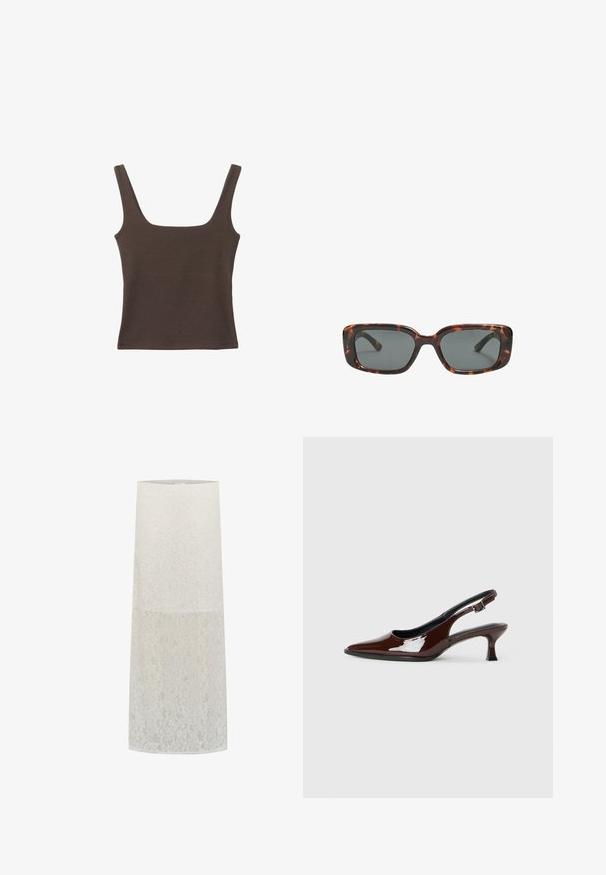 Brun ärmlös topp med fyrkantig halsringning, tillverkad av mjukt, elastiskt tyg. Har en figurnära design och plana sömmar.; Lampskärm i vitt lace, cylindrisk form med blommönster, genomskinlig textur och slät toppkant. Stöder standard ljuskällafattning.; Brun lackläder slingback-sko med spetsig tå och en måttlig klack. Utrustad med en spännband för säker passform. Slät textur.; Sköldpaddsmönstrade solglasögon med rektangulära linser, tjocka bågar och mörkt tonade linser. Slät yta och minimalistisk design.