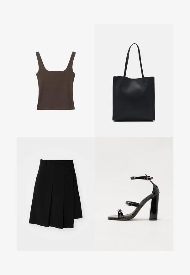 Ruskea hihaton toppi, jossa on neliönmuotoinen kaula-aukko, valmistettu pehmeästä ja joustavasta kankaasta. Ominaisuuksiin kuuluu istuva muotoilu ja sileät saumat.; Weekday PLEATED MIDI SKIRT - Kietaisuhame - black; Musta kiiltävä korkokenkä sandaalit neliönmuotoisella varpaalla, nilkkaremmillä ja hopeisilla soljilla. Varustettu tukevalla lohkokorkealla vakauden takaamiseksi.; Mustapahkainen kangaskassi, jossa on sileä pinta, suorakaiteen muotoinen ja kaksi pitkää kahvaa. Ei näkyvää metalliosaa tai koristeita.