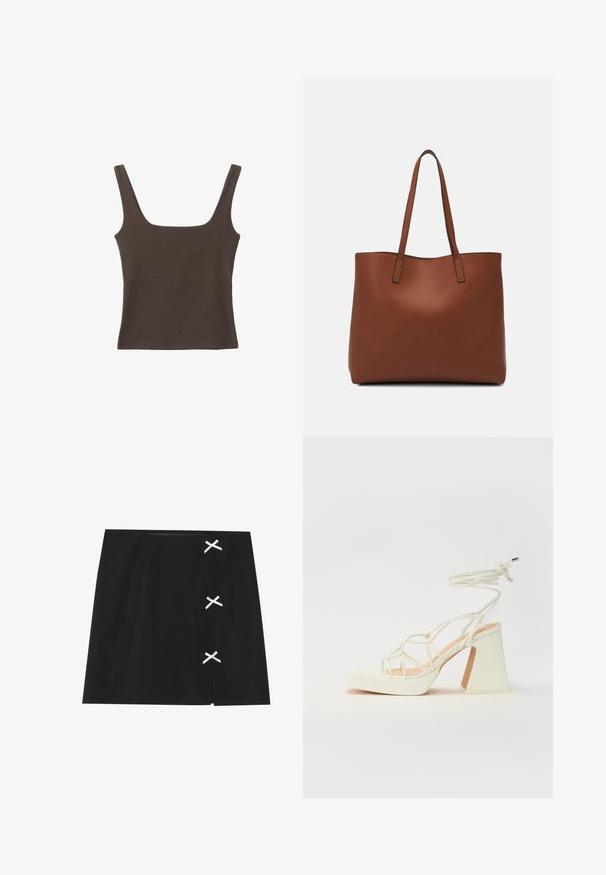 Ruskea hihaton toppi, jossa on neliönmuotoinen kaula-aukko, valmistettu pehmeästä ja joustavasta kankaasta. Ominaisuuksiin kuuluu istuva muotoilu ja sileät saumat.; Musta mini hame, jossa on sileä pinta, vasemmalla puolella valkoiset risteytyneet nauhat. Yksinkertainen malli, suora leikkaus.; Valkoinen korkokenkä, jossa on paksu korko, ja joka sisältää nauhakiinnityksen ja nilkkaketjun. Sujuva pinta, jossa on platform-etupohja lisäkorkeutta varten.; Ruskea nahkainen olkalaukku, jossa on sileä pinta, avoin yläosa ja kaksi olkahihnaa. Omaavat vain minimaalisen ompelun eikä näkyvää metalliosaa.