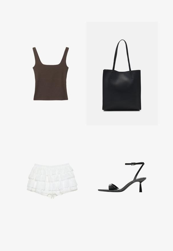 Braunes ärmelloses Oberteil mit quadratischem Ausschnitt, aus weichem, dehnbarem Stoff gefertigt. Verfügt über ein figurbetontes Design und flache Nähte.; Weiße Shorts mit drei geschichteten Rüschen, gefertigt aus einem leichten Stoff mit Lochmuster. Elastischer Bund, gewellte Kanten.; Bershka High Heel Sandalette - black; Schwarze Laptoptasche aus Leder mit glatter Textur, rechteckiger Form und zwei langen Griffen. Keine sichtbaren Beschläge oder Verzierungen.