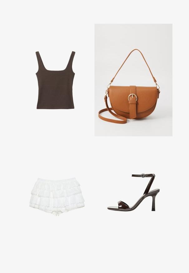 Braunes ärmelloses Oberteil mit quadratischem Ausschnitt, aus weichem, dehnbarem Stoff gefertigt. Verfügt über ein figurbetontes Design und flache Nähte.; Weiße Shorts mit drei geschichteten Rüschen, gefertigt aus einem leichten Stoff mit Lochmuster. Elastischer Bund, gewellte Kanten.; Braune Lackleder-High-Heelsandale mit einem Knöchelriemen, offener Zehenpartie und einem schlanken, minimalistischen Design. Verfügt über einen quadratischen Absatz.; Braune Leder-Crossbody-Tasche mit geschwungener Form, goldfarbenen Beschlägen und einer Schnallenakzentuierung. Verfügt über einen abnehmbaren Schultergurt.