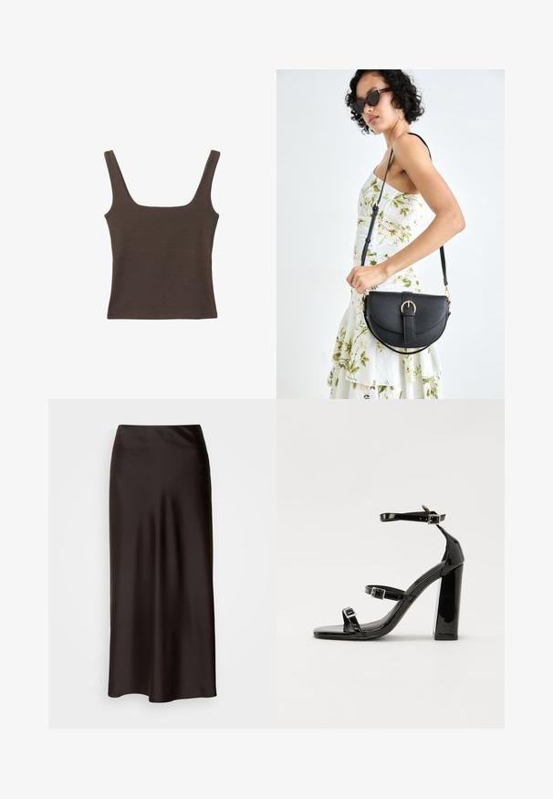 Braunes ärmelloses Oberteil mit quadratischem Ausschnitt, aus weichem, dehnbarem Stoff gefertigt. Verfügt über ein figurbetontes Design und flache Nähte.; Lindex MARIA - A-Linien-Rock - dark brown; Schwarze patentierte Sandalen mit Absatz, quadratischer Spitze, Knöchelriemen und silbernen Schnallen. Mit einem stabilen Blockabsatz für mehr Stabilität.; Schwarze Lederhandtasche mit geschwungener Form, abnehmbarem Tragegurt und goldenen Beschlägen. Die Tasche verfügt über einen Deckel mit einer Schnallen-Details.