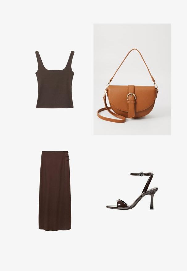 Hnedý bezrúškový top so štvorcovým výstrihom, vyrobený z mäkkého, elastického materiálu. Má priliehavý strih a ploché švy.; Hnedá, sukňa po podlahu vyrobená z mäkkého materiálu. Obsahuje tri dekoračné bočné gombíky v blízkosti pása. Jednoduchý, nezdobený dizajn.; Hnedé lakované sandále na vysokom opätku s remienkom okolo členka, otvorenou špičkou a elegantným, minimalistickým dizajnom. Obsahujú štvorcovú pätu.; Hnedá kožená kabelka cez telo s zakriveným tvarom, zlatými kovovými doplnkami a akcentom s prackou. Obsahuje odnímateľný ramenný popruh.