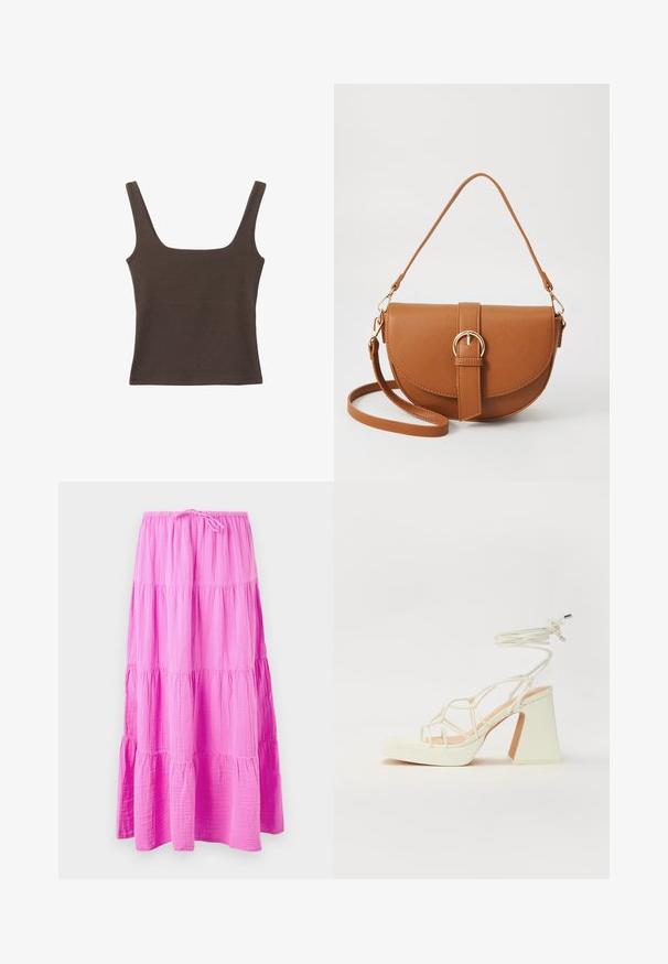 Hnedý bezrúškový top so štvorcovým výstrihom, vyrobený z mäkkého, elastického materiálu. Má priliehavý strih a ploché švy.; Dlhá, viacvrstvová sukňa v jasnej ružovej farbe, vyrobená z mäkkej, textúrovanej tkaniny. Obsahuje elastický pás s šnúrkou na nastaviteľné prispôsobenie.; Biele sandále na vysokom opätku s hrubým podpätkom, s pruhovaným dizajnom a viazaním na členku. Hladký povrch s platformou vpredu pre zvýšenú výšku.; Hnedá kožená kabelka cez telo s zakriveným tvarom, zlatými kovovými doplnkami a akcentom s prackou. Obsahuje odnímateľný ramenný popruh.