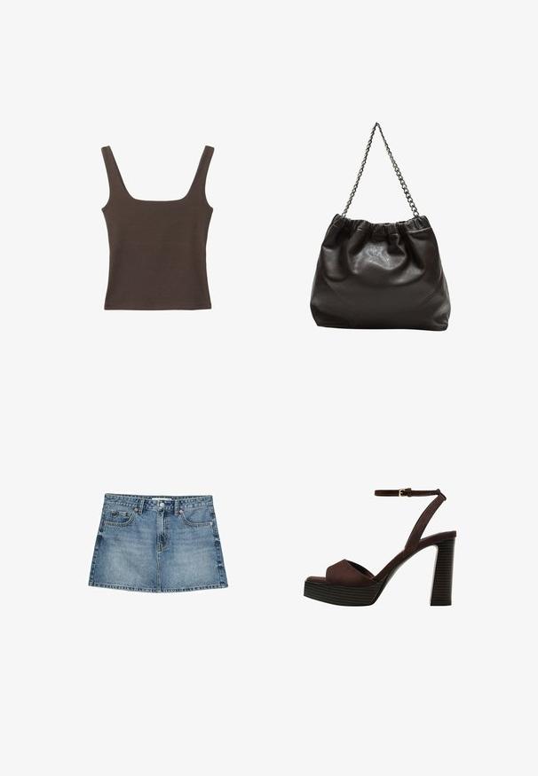 Hnědý bezramínkový top se čtvercovým výstřihem vyrobený z měkké, elastické tkaniny. Má přiléhavý design a ploché švy.; Džínová sukně v světle modré barvě, má pět kapes, zapínání na knoflík a mírně rozšířený lem, s opotřebovanou texturou a bledými detaily.; Hnědé semišové sandály na vysokém podpatku s otevřenou špičkou, nastavitelným páskem kolem kotníku a proužkovou platformou.; Hnědá kožená taška se sbíraným vrškem a řetízkovým popruhem. Hladký povrch s lesklým finišem a jemným švem na bocích.