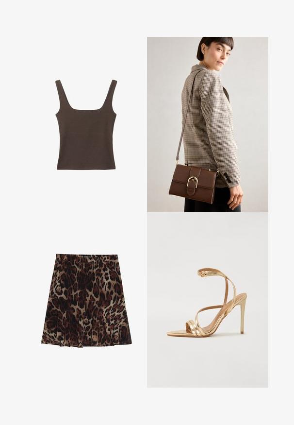 Top senza maniche marrone con scollo quadrato, realizzato in tessuto morbido ed elastico. Presenta un design aderente e cuciture piatte.; Gonna midi in stampa leopardata con design plissettato, caratterizzata da una base color beige con macchie marroni scure e nere. Vita elasticizzata per una vestibilità comoda.; Even&Odd Sandali con tacco - gold; Borsa a tracolla in pelle marrone con una fibbia in metallo dorato, forma rettangolare, texture liscia e tracolla rimovibile.