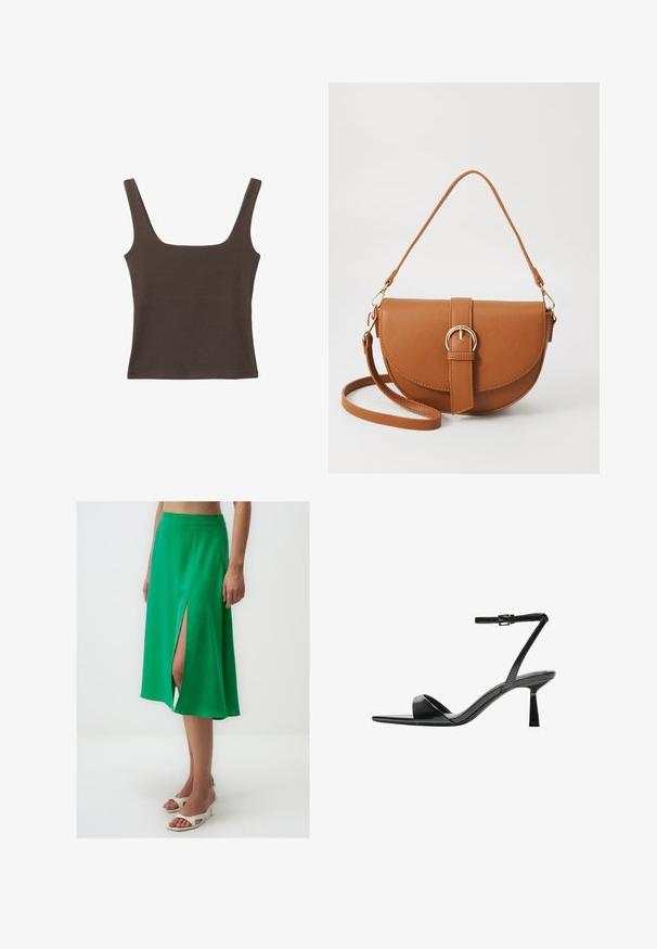 Brązowa bezrękawnikowa bluzka o kwadratowym dekolcie, wykonana z miękkiego, elastycznego materiału. Posiada dopasowany krój i płaskie szwy.; Zielona satynowa spódnica midi z wysokim rozcięciem z jednej strony, swobodna sylwetka i gładka faktura. W połączeniu z białymi sandałami na słupku.; Bershka - Sandały na obcasie; Brązowa skórzana torba na ramię o zaokrąglonym kształcie, ze złotymi akcentami i zapięciem w formie klamry. Posiada odpinany pasek na ramię.
