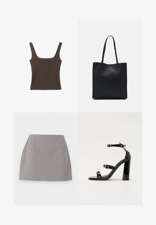 Ruskea hihaton toppi, jossa on neliönmuotoinen kaula-aukko, valmistettu pehmeästä ja joustavasta kankaasta. Ominaisuuksiin kuuluu istuva muotoilu ja sileät saumat.; Mustavalkoinen ruudullinen hame, jossa on suora leikkaus, laskostetut sivut ja sileä pinta. Kangas sisältää pienen ruutukuvion.; Musta kiiltävä korkokenkä sandaalit neliönmuotoisella varpaalla, nilkkaremmillä ja hopeisilla soljilla. Varustettu tukevalla lohkokorkealla vakauden takaamiseksi.; Mustapahkainen kangaskassi, jossa on sileä pinta, suorakaiteen muotoinen ja kaksi pitkää kahvaa. Ei näkyvää metalliosaa tai koristeita.