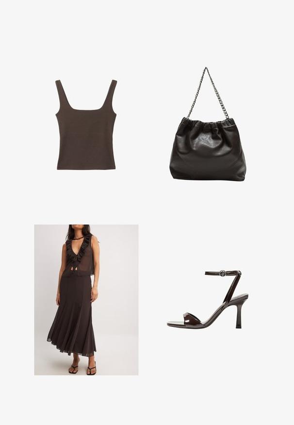 Brązowa bezrękawnikowa bluzka o kwadratowym dekolcie, wykonana z miękkiego, elastycznego materiału. Posiada dopasowany krój i płaskie szwy.; Brązowa sukienka bez rękawów z falbaniastym dekoltem w kształcie litery V, związaną z przodu oraz zwiewną spódnicą. Lekki materiał i dopasowana talia podkreślają sylwetkę.; Brązowe lakierowane skórzane sandały na wysokim obcasie z paskiem wokół kostki, otwartym noskiem i eleganckim, minimalistycznym designem. Posiadają kwadratowy obcas.; Brązowa skórzana torba z marszczonym szczytem i łańcuszkowym paskiem. Gładka tekstura z błyszczącym wykończeniem i subtelnymi detalami szwów po bokach.
