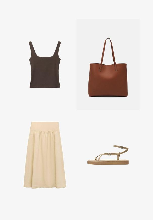 Top senza maniche marrone con scollo quadrato, realizzato in tessuto morbido ed elastico. Presenta un design aderente e cuciture piatte.; Gonna midi beige realizzata in tessuto leggero, con vita elastica, design arricciato e orlo con una sottile frangia decorativa.; Infradito marroni con fasce sottili, dettaglio fibbia e suola imbottita. Le fasce sono realizzate in un materiale morbido, progettato per comfort e traspirabilità.; Borsa tote in pelle marrone con texture liscia, design con apertura superiore e due spallacci. Presenta cuciture minime e nessun hardware visibile.