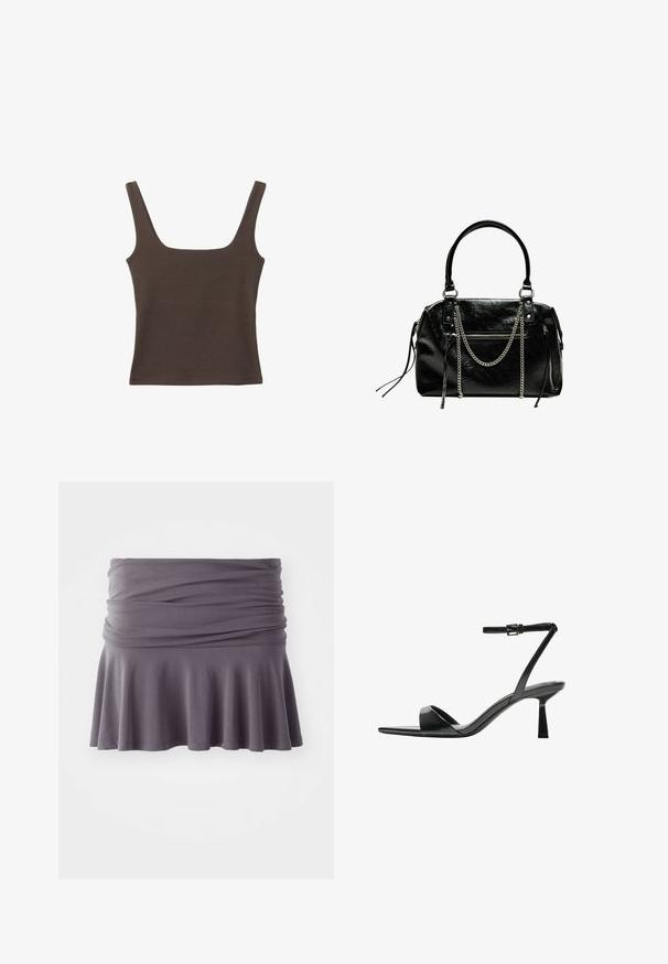 Hnedý bezrúškový top so štvorcovým výstrihom, vyrobený z mäkkého, elastického materiálu. Má priliehavý strih a ploché švy.; Sivá sukňa po kolená vyrobená z mäkkej tkaniny s nariaseným pásom a rozšíreným okrajom. Má hladkú textúru a jednoduchý dizajn.; Bershka Sandále na vysokom opätku - black; Bershka WITH CHAIN - Kabelka - black