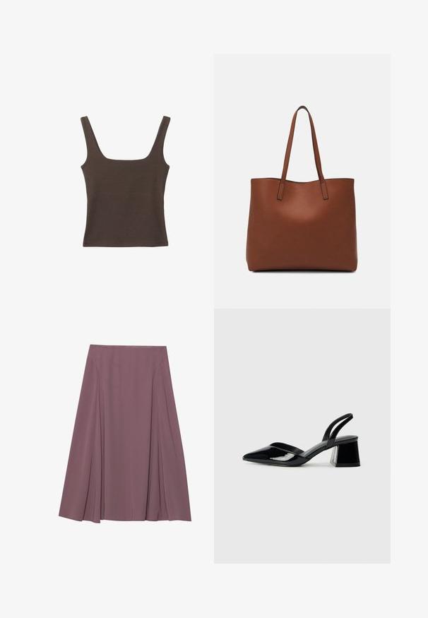 Brun ærmeløs top med firkantet udskæring, lavet af blød, strækbar stof. Har et tætsiddende design og flade sømme.; En knælang nederdel i en dæmpet mauve farve, lavet af letvægtsstof med plisseret design og en glat tekstur. Ingen synlige lukninger.; Sorte patentlæder slingback hæle med spids tå og en geometrisk blok hæl. Har et elegant, minimalistisk design og en glat tekstur.; Brun læder tote taske med en glat overflade, åben topdesign og to skulderremme. Har minimal syning og ingen synlig hardware.