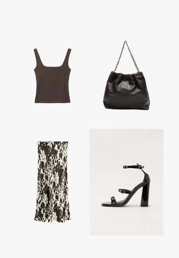 Brown sleeveless top with a square neckline, made from soft, stretchy fabric. Features a fitted design and flat seams.; Long skirt made of smooth fabric featuring a brown and white cow print pattern, with a flowing design and slightly flared hem.; Black patent heeled sandals with a square toe, ankle straps, and silver buckles. Features a chunky block heel for stability.; Brown leather bag with a gathered top and a chain strap. Smooth texture with a glossy finish and subtle seam detailing on the sides.