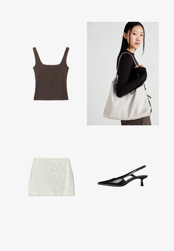 Brązowa bezrękawnikowa bluzka o kwadratowym dekolcie, wykonana z miękkiego, elastycznego materiału. Posiada dopasowany krój i płaskie szwy.; Bershka - Spódnica trapezowa; Czarne lakierowane czółenka na odkrytej pięcie z wąskim noskiem, z wykrojem po bokach i małym kwadratowym obcasem. Gładka faktura z minimalnymi akcentami.; Beżowa torebka wykonana z miękkiego materiału, charakteryzująca się luźnym fasonem, wyszywanymi detalami i dwoma uchwytami na ramię. Idealna na co dzień.